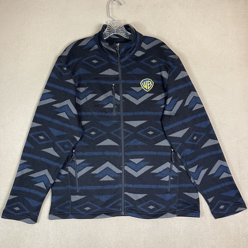 Warner Bros Studio Tour Sweater Mens Large Blue Black Full Zip‎ Embroidered Logo